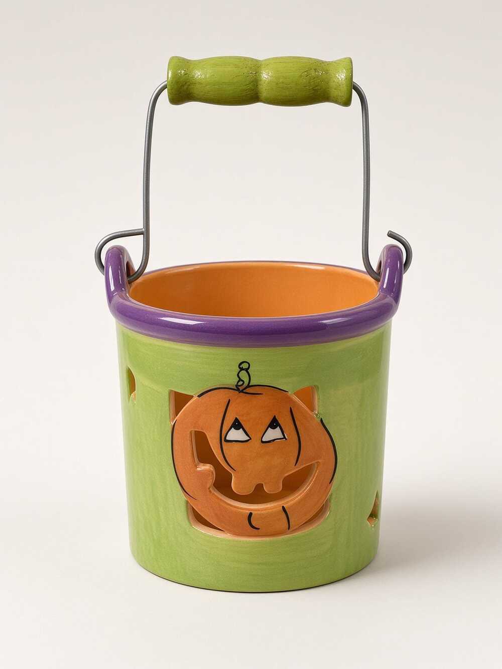 Ceramic Pumpkin Lantern, Vintage Halloween Bucket, Orange Jack O Lantern